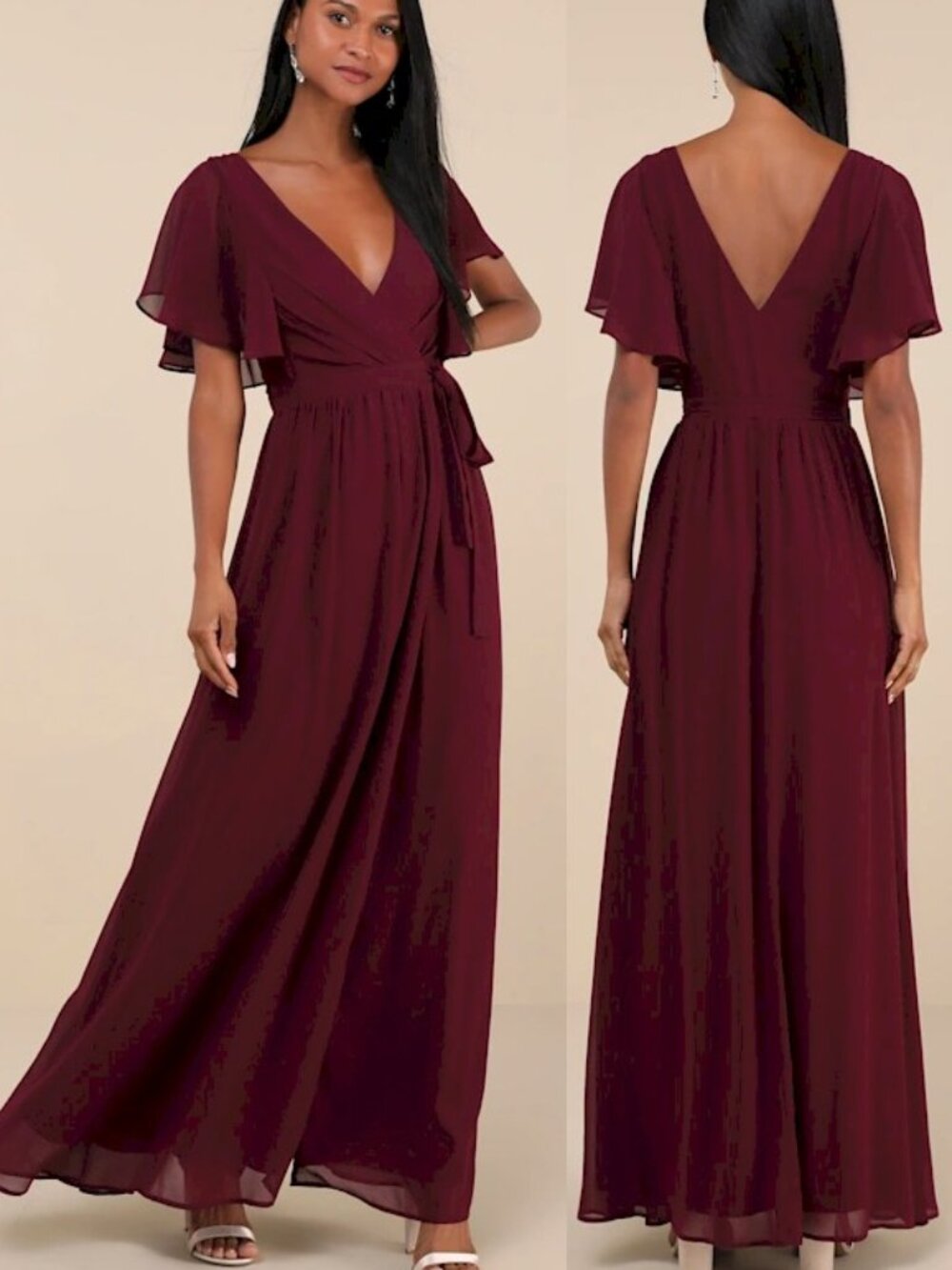 Lulus Convincing Grace Burgundy Flutter Sleeve Wrap Maxi Dress Size Large New